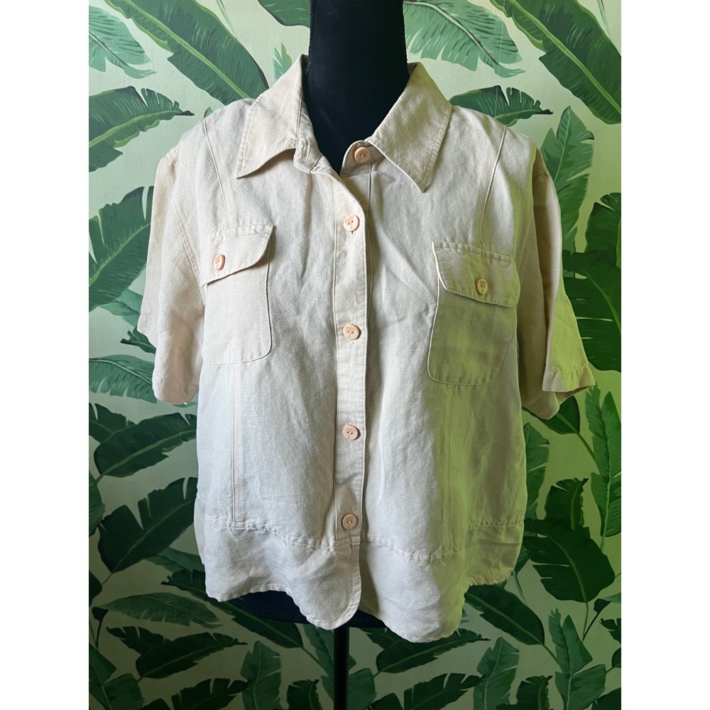 Hearts of Palm Button Down Top Linen Blend Women 16 Tan